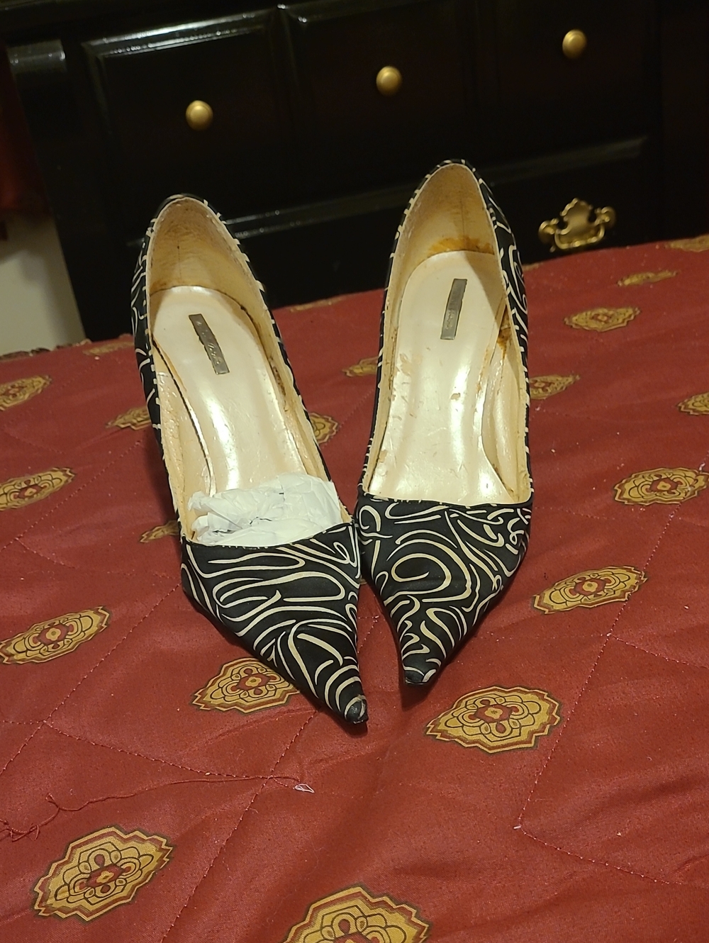Black and White Patterned Pointed Toe Women's Heels